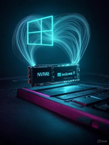 Neon Windows logo arcs from an NVMe SSD, signaling blazing-fast storage.