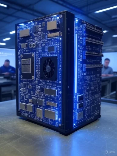 A blue-lit server unit with exposed circuitry and a cooling fan on a workstation table.