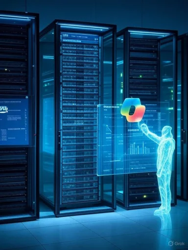 A glowing holographic figure interacts with a translucent touchscreen in a blue-lit data center.