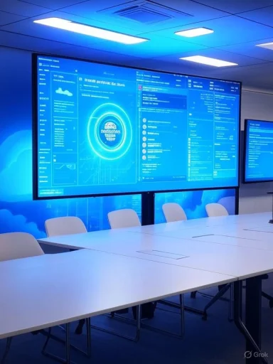 A modern conference room with large blue screens displaying futuristic dashboards.