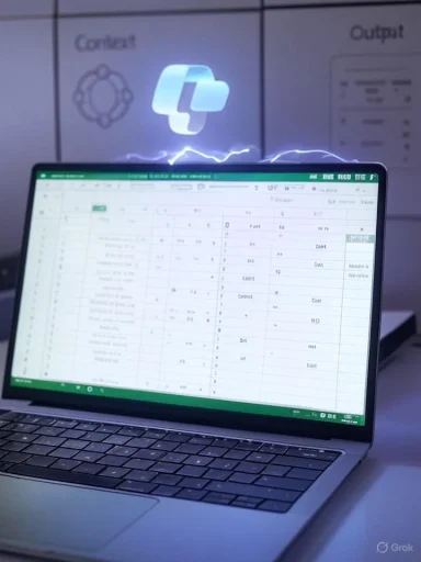 Laptop screen shows a spreadsheet as a glowing logo floats above with electric sparks.