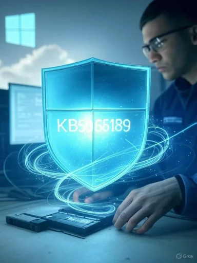 A technician interacts with a glowing holographic shield above a laptop, displaying KB5066189.
