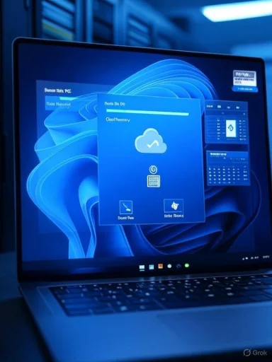 Blue-lit laptop in a server room displaying a cloud backup UI.