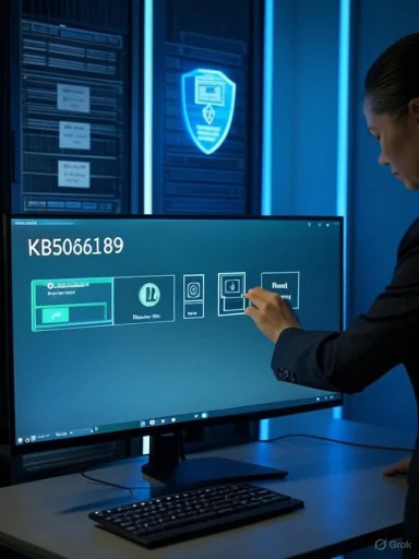 A suited person uses a large touchscreen in a blue-lit data center.