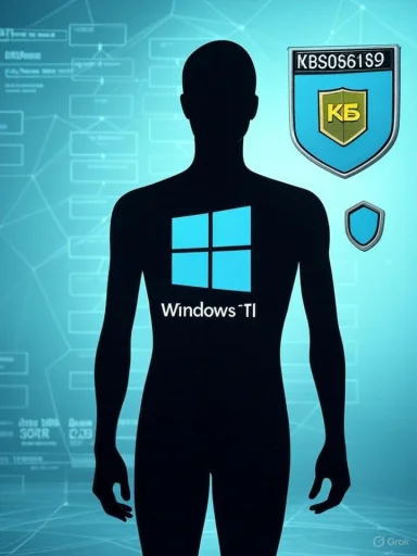 Silhouette of a person with a Windows logo on the chest against a blue tech backdrop with shields.