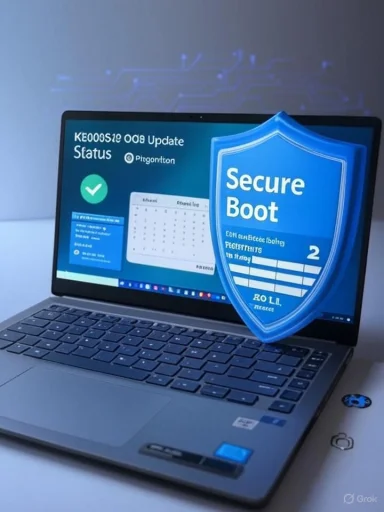 Laptop screen showing a large blue “Secure Boot” shield overlay.