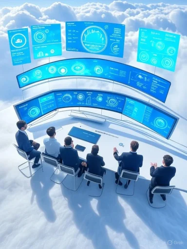 A futuristic command center with curved blue holographic displays among the clouds.