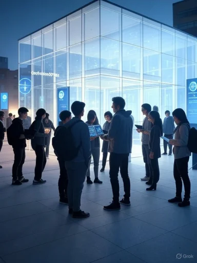 Group of people in a glass-walled, futuristic exhibition hall, examining digital displays.