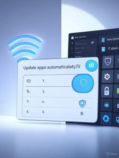 A futuristic UI panel shows automatic app updates with a large blue toggle and shield icon.