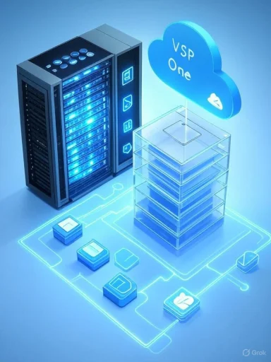 A server rack connected to a blue cloud labeled 'VSP One' in a futuristic data center.