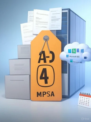 A large orange A-4 tag labeled MPSA sits beside server racks and documents.
