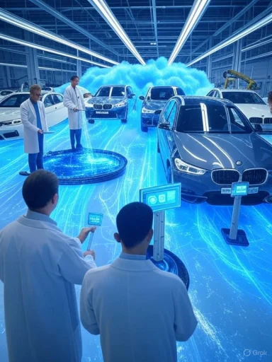 Futuristic car showroom with researchers in white coats and blue energy effects.