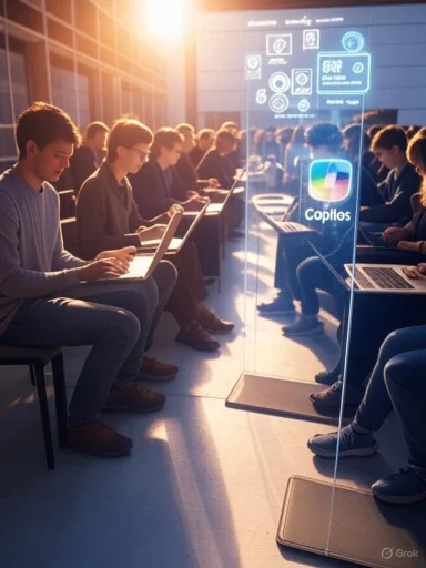 Students sit in rows with laptops, facing a futuristic transparent holographic display.