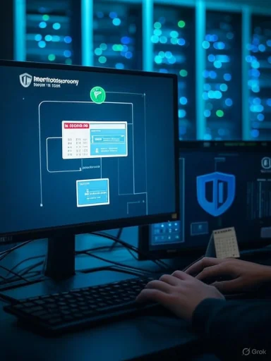 Person at a keyboard in a dim server room, monitoring a cybersecurity network diagram on screen.