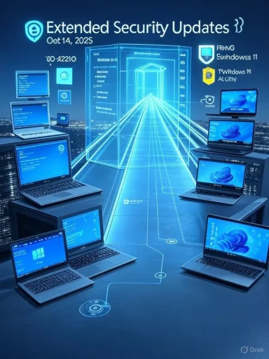 Laptops surround a glowing holographic data tunnel promoting Extended Security Updates.