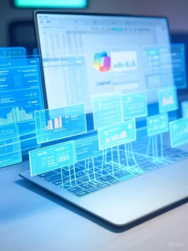 A laptop with translucent holographic dashboards and charts hovering above the keyboard.