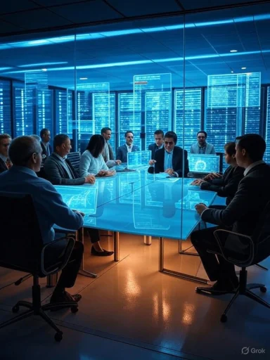 Blue-lit, high-tech conference room with a glass table and holographic screens around a team meeting.