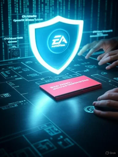 A glowing shield with the EA logo hovers over a digital circuit board.