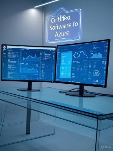 Two curved monitors display dashboards on a glass desk under a neon sign saying “Software for Azure.”