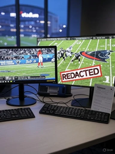 Dual computer monitors on a desk stream football games, with one screen stamped REDACTED.