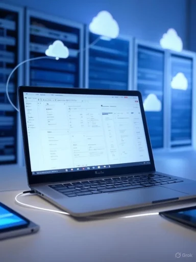 Laptop on a desk in a cloud data center with blue-lit server racks.