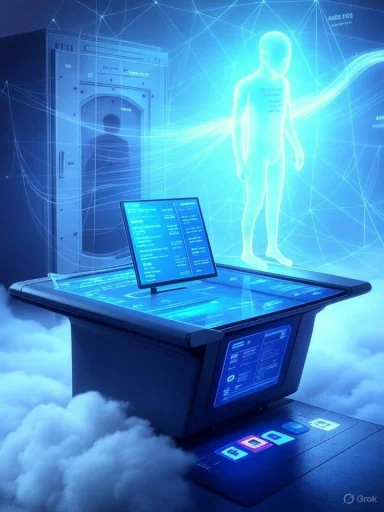 A futuristic lab with a glowing holographic human figure over a data console and cloud-like platform.