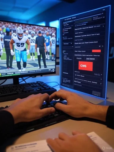 A person types at a keyboard while a football game plays on the left monitor and a CMS dashboard is on the right.
