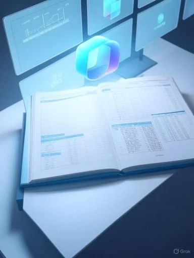Open book with charts under floating holographic screens and a glowing blue cube logo.