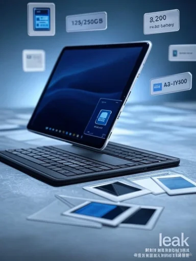 A tablet perched on a keyboard dock, surrounded by floating specification cards.