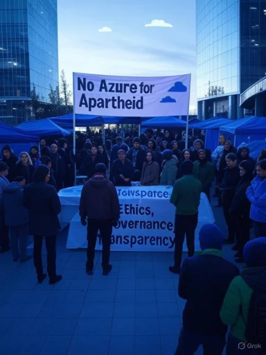 Crowd gathers at an outdoor protest under a banner reading “No Azure for Apartheid.”