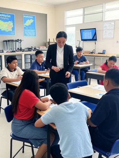 A teacher in a blazer leads a small group discussion in a bright classroom.
