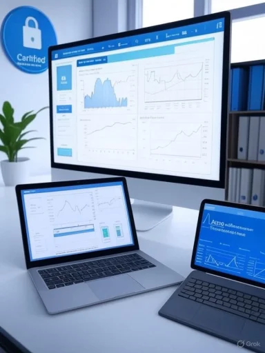A modern desk with multiple screens displaying charts and graphs for data analytics.