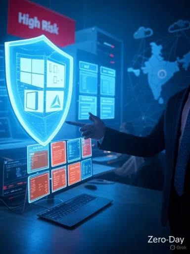 A security professional points to a glowing shield hologram in a high-tech cyber defense lab.
