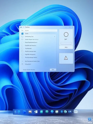 A floating software window overlays a blue abstract wallpaper with a bottom dock.