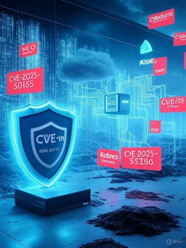 A futuristic cybersecurity exhibit with a glowing CVE shield and floating red vulnerability cards.