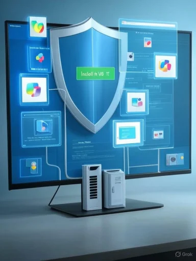 A computer monitor displays a shield graphic with a blue security interface, with two small servers on the stand.