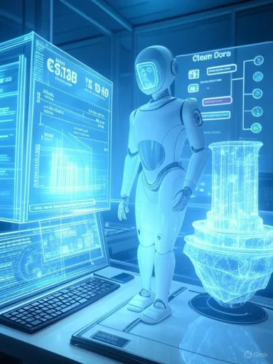 Blue, futuristic lab scene featuring a humanoid robot amid glowing holographic screens.