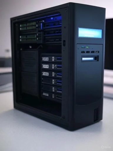 A black server tower with several hot-swappable drive bays and blue LEDs.