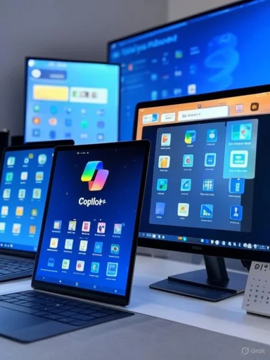 A multi-screen workstation with a tablet showing Copilot+ and two monitors.