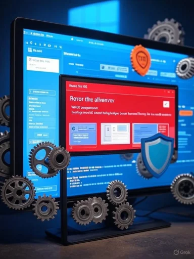 A computer monitor shows a red software alert as gears and a shield symbolize cybersecurity.