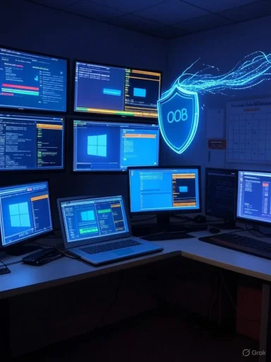 A cybersecurity operations room with multiple monitors displaying code and a glowing shield emblem.