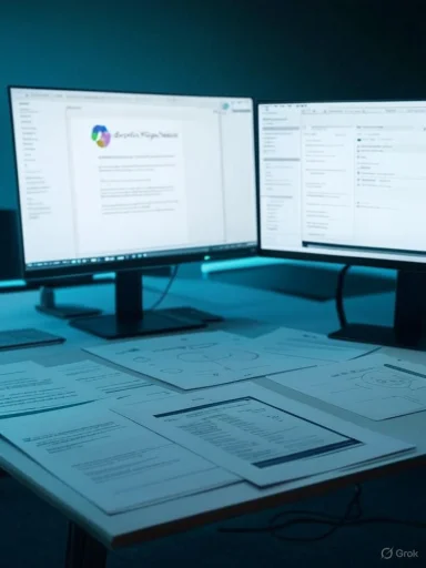 Dual-monitor workstation with printed documents spread on a blue-lit desk.