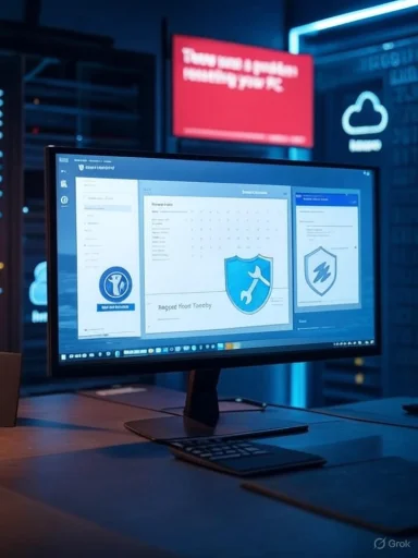 A widescreen monitor in a blue-lit lab displays security dashboards with shield icons.