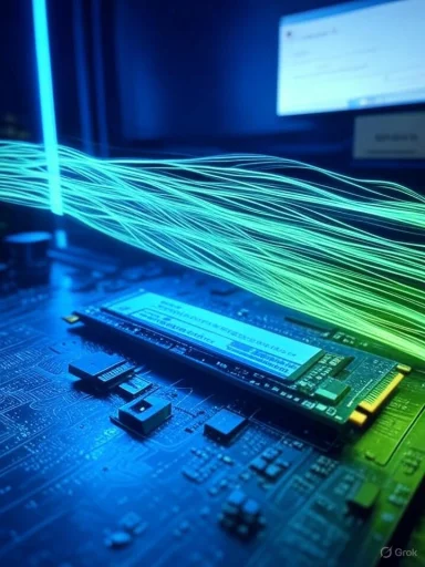 Blue-green fiber optic cables glow over a RAM module on a circuit board.