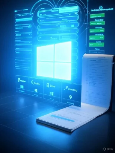 A futuristic blue holographic Windows UI projected on a desk, with stacked panels and a rolled document.