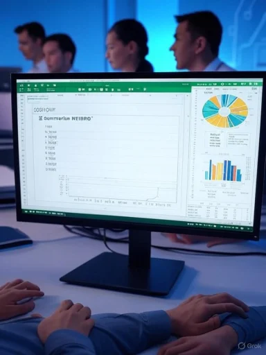 A computer monitor displays charts and graphs as blurred colleagues work in a blue-lit office.