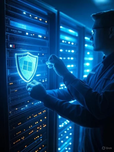 An IT technician secures a server rack with a glowing shield emblem.