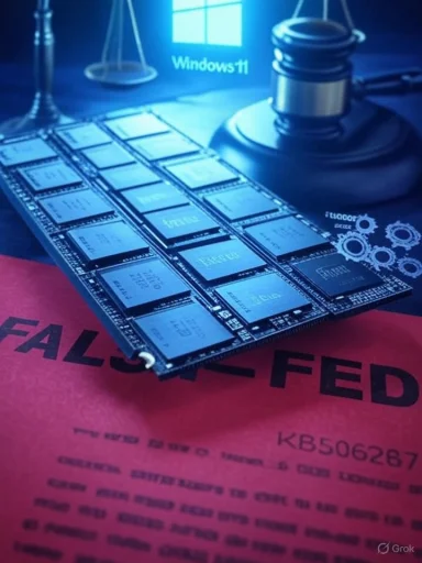 Microchips spread over a red legal document, with a gavel and Windows 11 logo in the background.