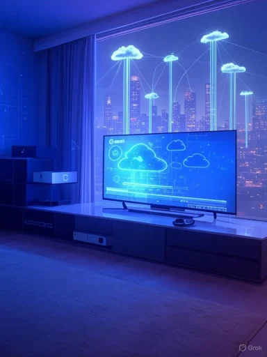 Blue-lit living room with a large TV showing cloud icons against a futuristic cityscape backdrop.