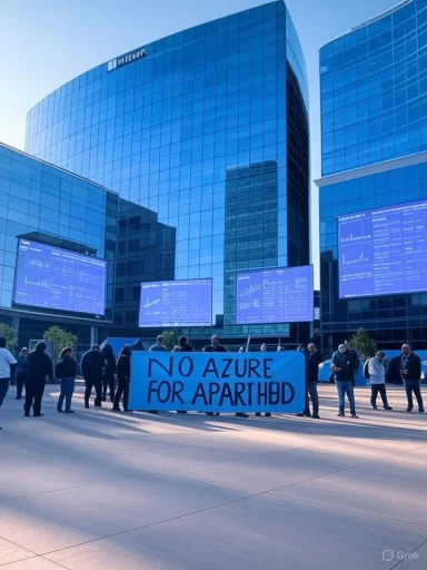 Protesters hold a blue banner reading 'NO AZURE FOR APARTHEID' in front of glass office towers.